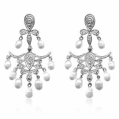 Sterling Silver Freshwater Cultured Pearl & CZ Chandelier Earrings - Grocery