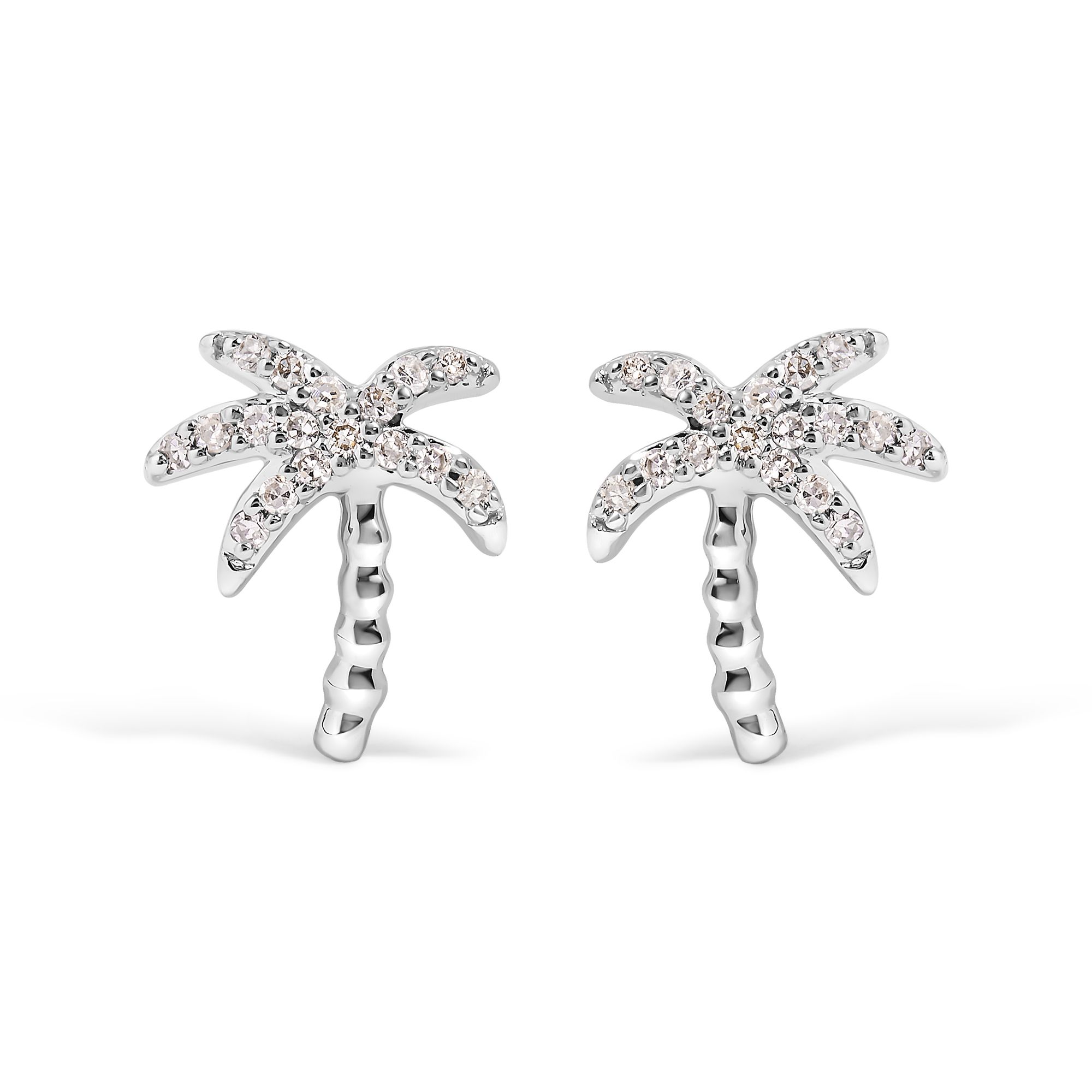 10K White Gold 1/10 Cttw Diamond Encrusted Palm Tree Stud Earrings (H-I Color, I1-I2 Clarity) - Grocery