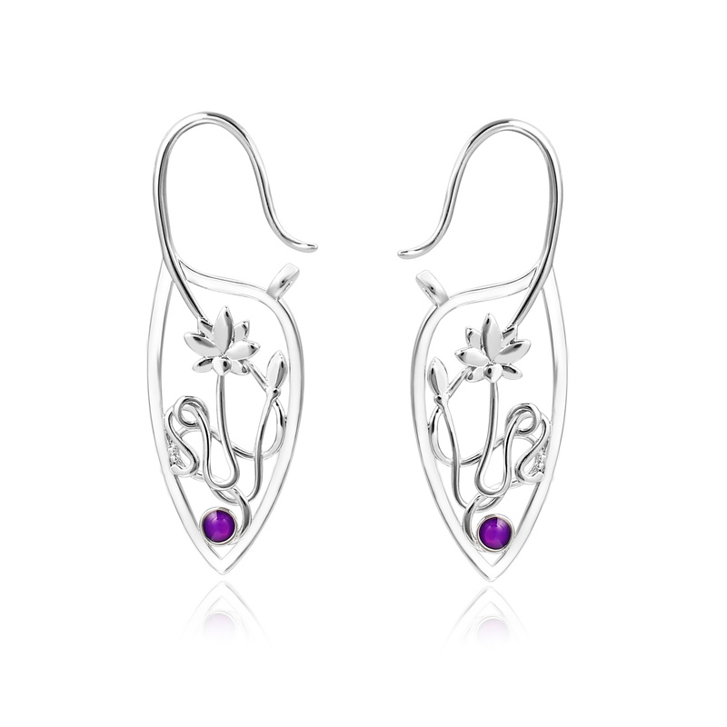 Hollow Lotus Flower With Synthetic Gemstone Decor Retro Bohemian Dangle Earrings Copper 925 Silver Plated Jewelry Exquisite Female Ornaments - Grocery