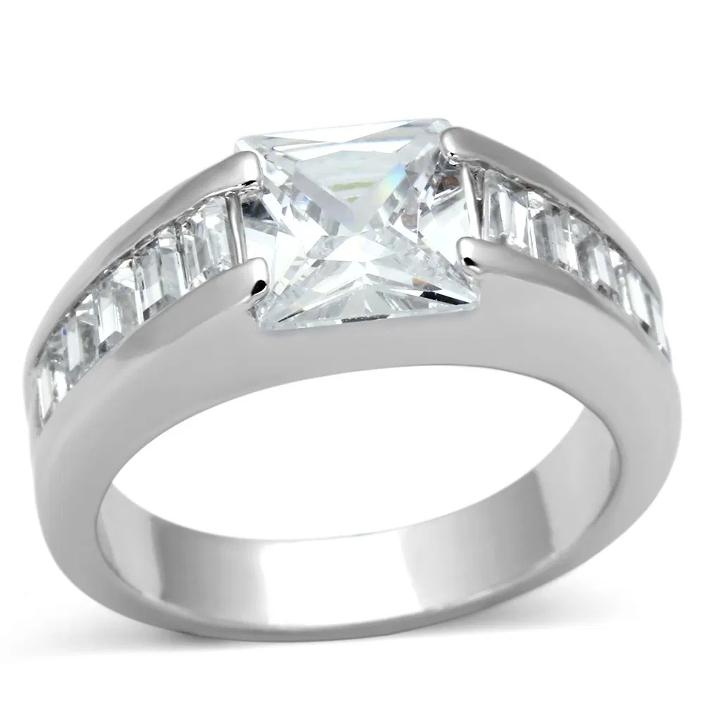 LOA843 - Rhodium Brass Ring with AAA Grade CZ in Clear - Grocery