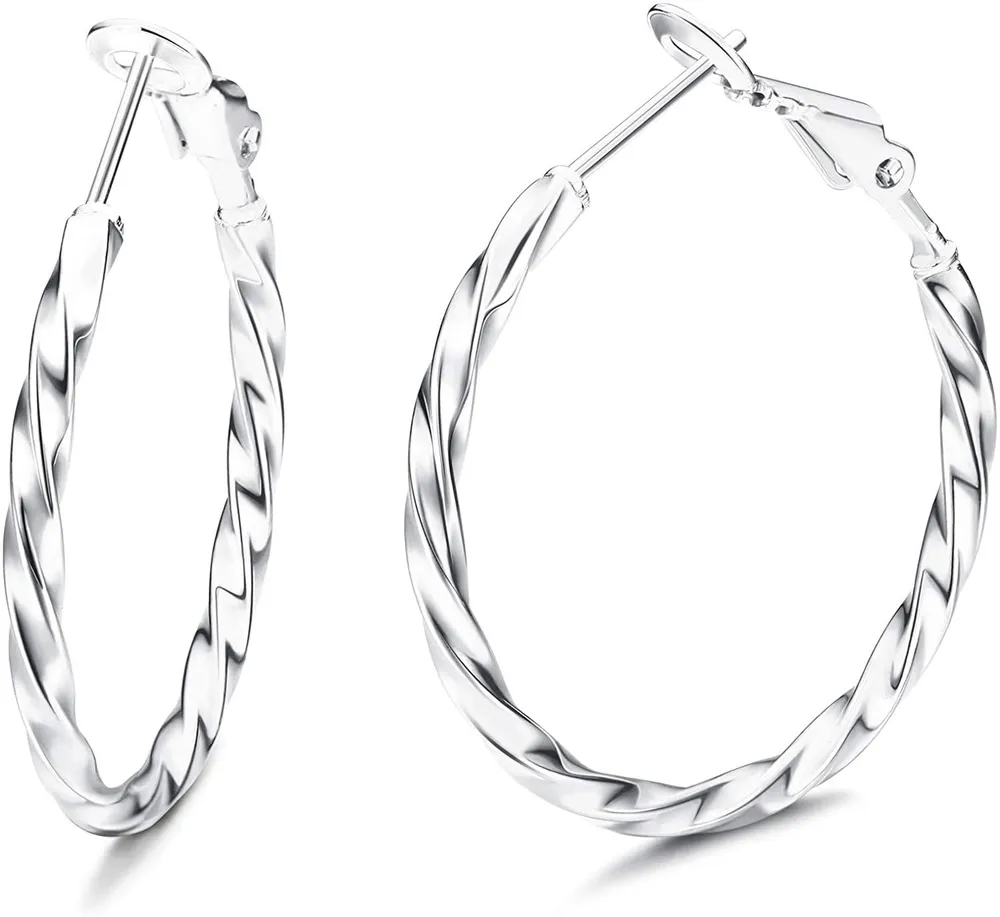 925 Sterling Hoop Earrings 18K High Polished Twist Round Hoop Earrings for Women with Gift Box - Grocery