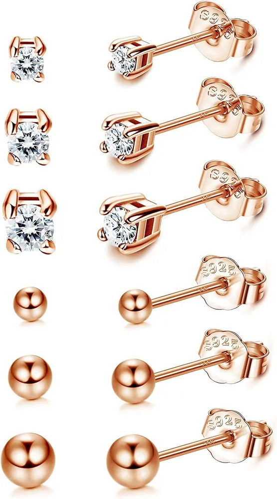 6 Pairs Sterling Silver Tiny Ball Stud Earrings for Women Round CZ Earrings Set - Grocery