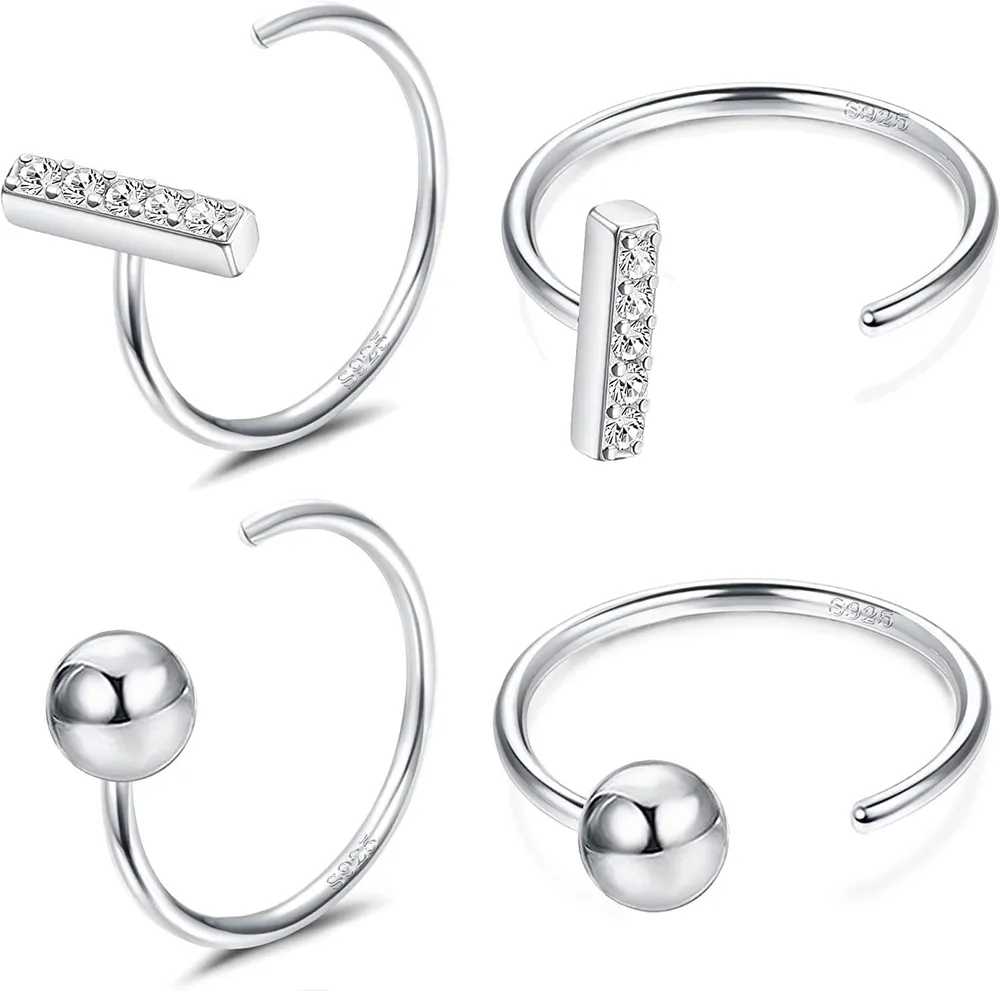 2 Pairs 925 Sterling Silver Half Hoops Earrings Opal Ball Star Dot Small Hoop Earrings Huggie Cartilage Earrings Hug Tiny Hoop Earrings for Women Men - Grocery