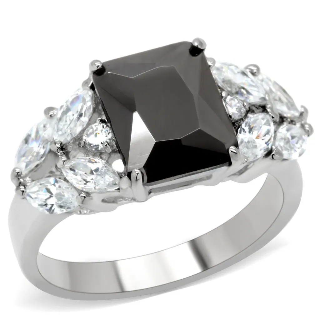 TK182 - High polished (no plating) Stainless Steel Ring with AAA Grade CZ in Jet - Grocery