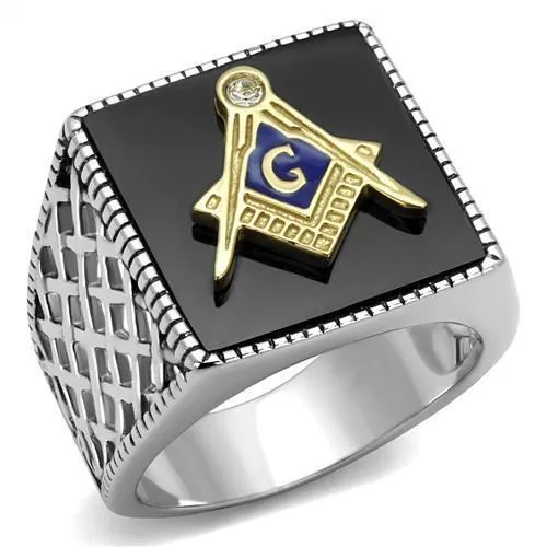 TK3018 - Two-Tone IP Gold (Ion Plating) Stainless Steel Ring with Semi-Precious Agate in Jet - Grocery