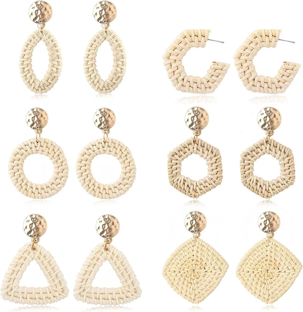 6 Pairs Woven Rattan Earrings for Women Handmade Boho Straw Wicker Braid Drop Dangle Earrings Lightweight Geometric Statement Earrings - Grocery