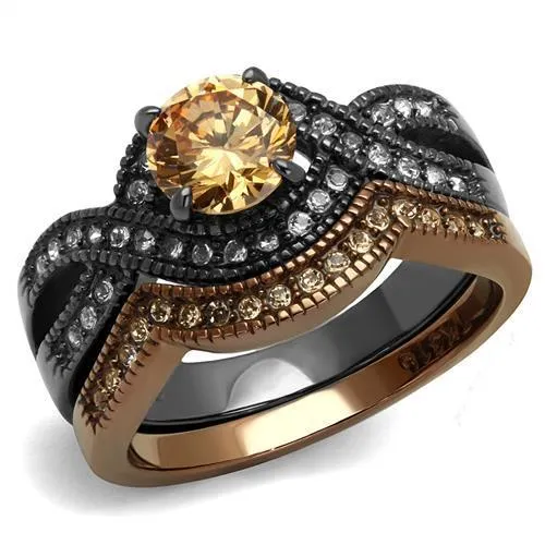 TK2957 - IP Light Black & IP Light coffee Stainless Steel Ring with AAA Grade CZ in Champagne - Grocery