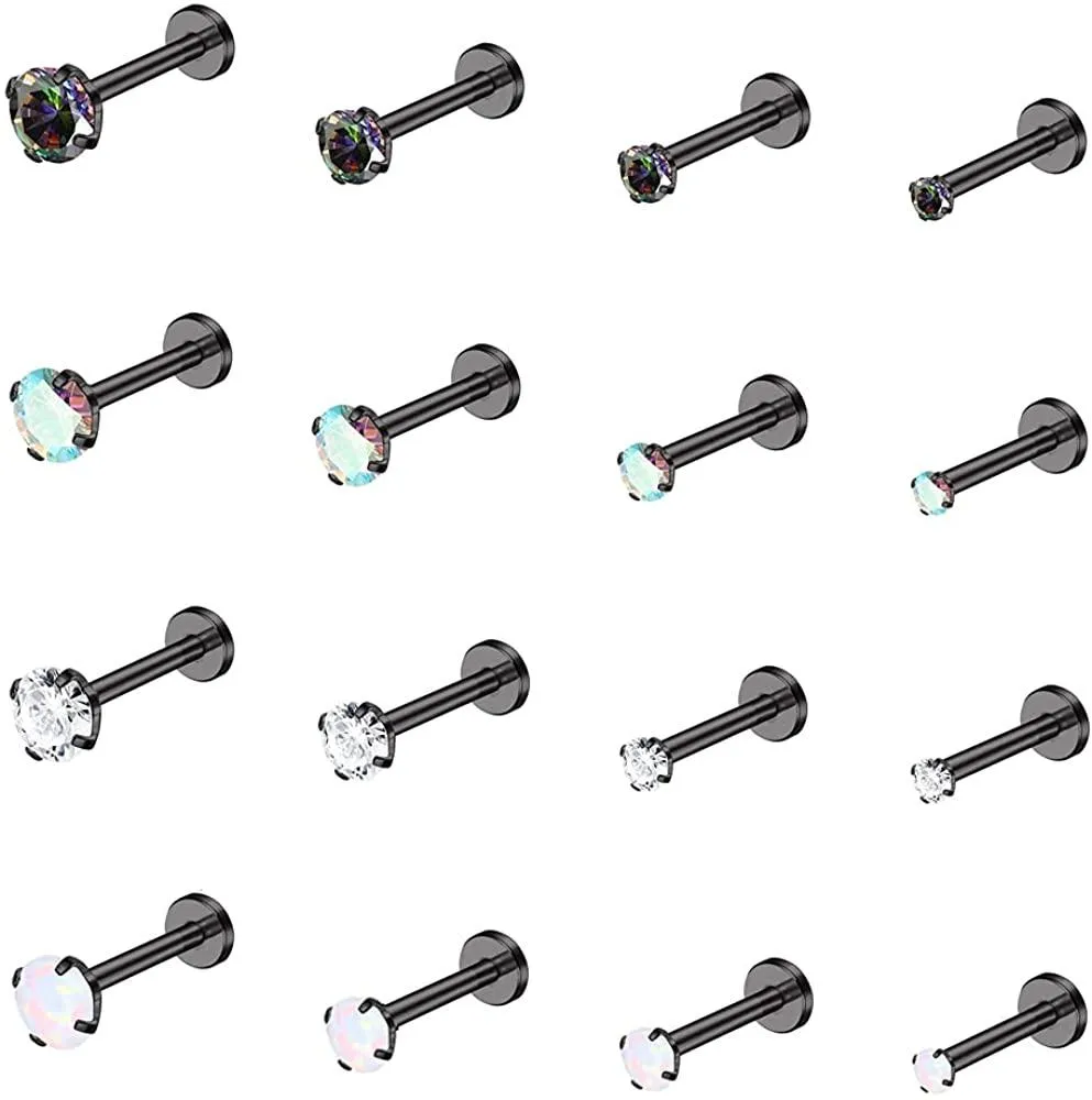 16Pcs 16G Monroe Lip Rings Surgical Steel Helix Tragus Labret Piercing Jewelry CZ Opal Cartilage Earring Stud For Women 6mm - Grocery