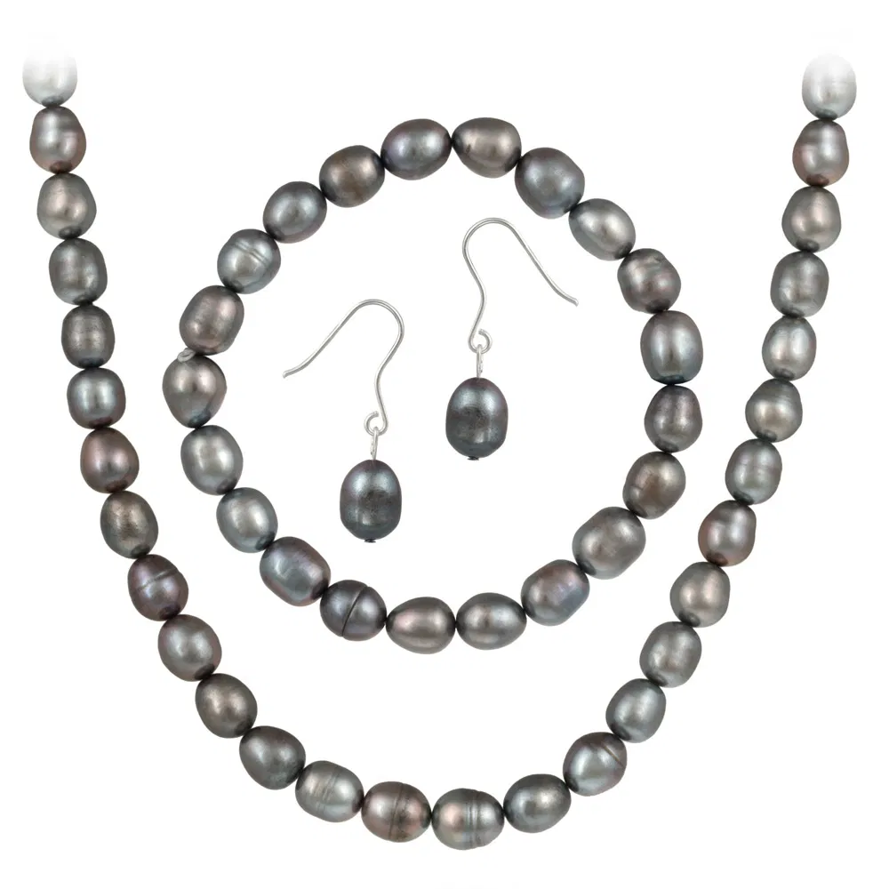 Sterling Silver Freshwater Cultured Grey Pearl Necklace, Bracelet, Earring Jewelry Set - Grocery