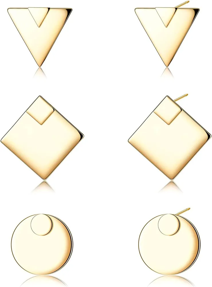 3 Pairs Jacket Stud Geometric Minimalist Earring For Women And Men Earrings 14k Gold Plated Unique Piercing Stud Double Sided Earring - Grocery