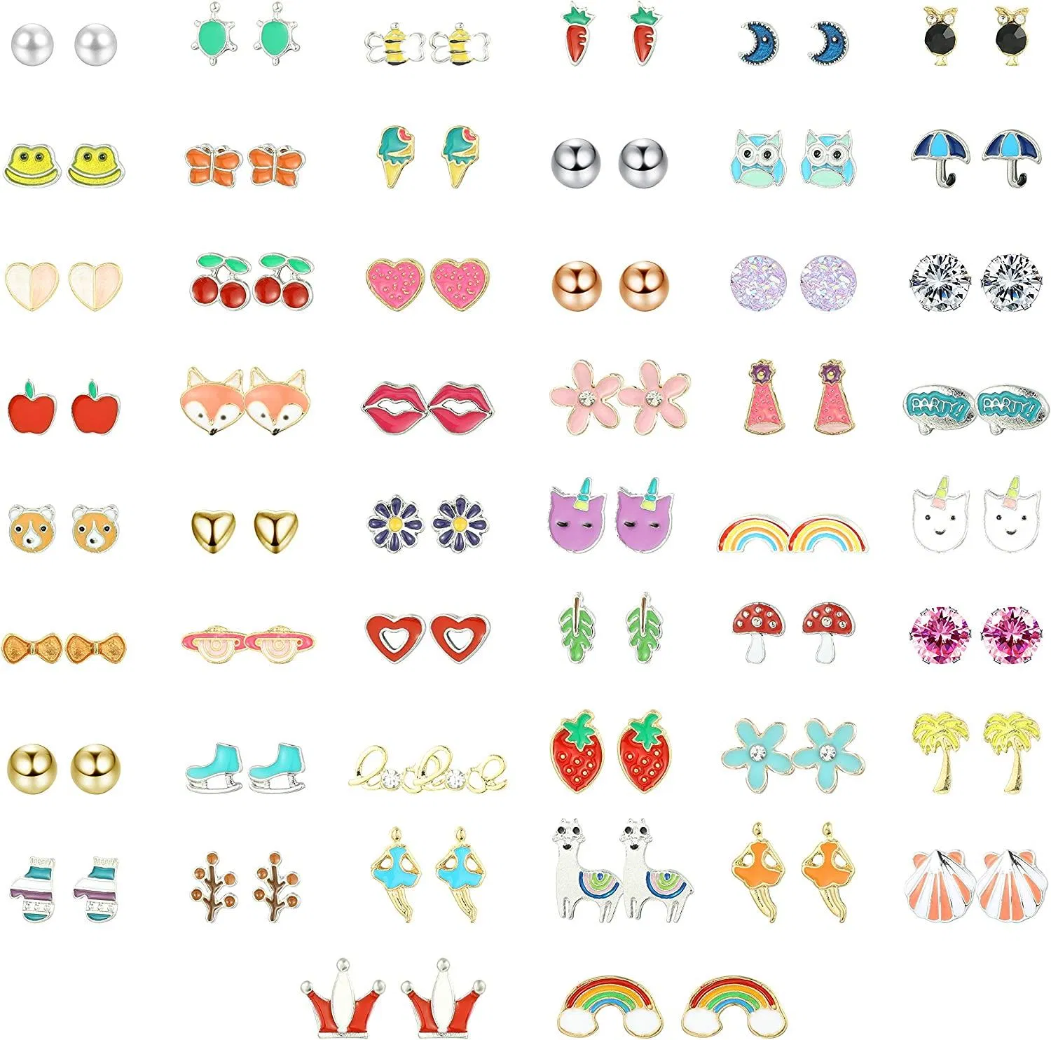 50 Pairs Multiple Stud Earrings for Women Kids Cute CZ Pearl Animal Flower Heart Tree Colorful Earrings Set; Metal - Grocery