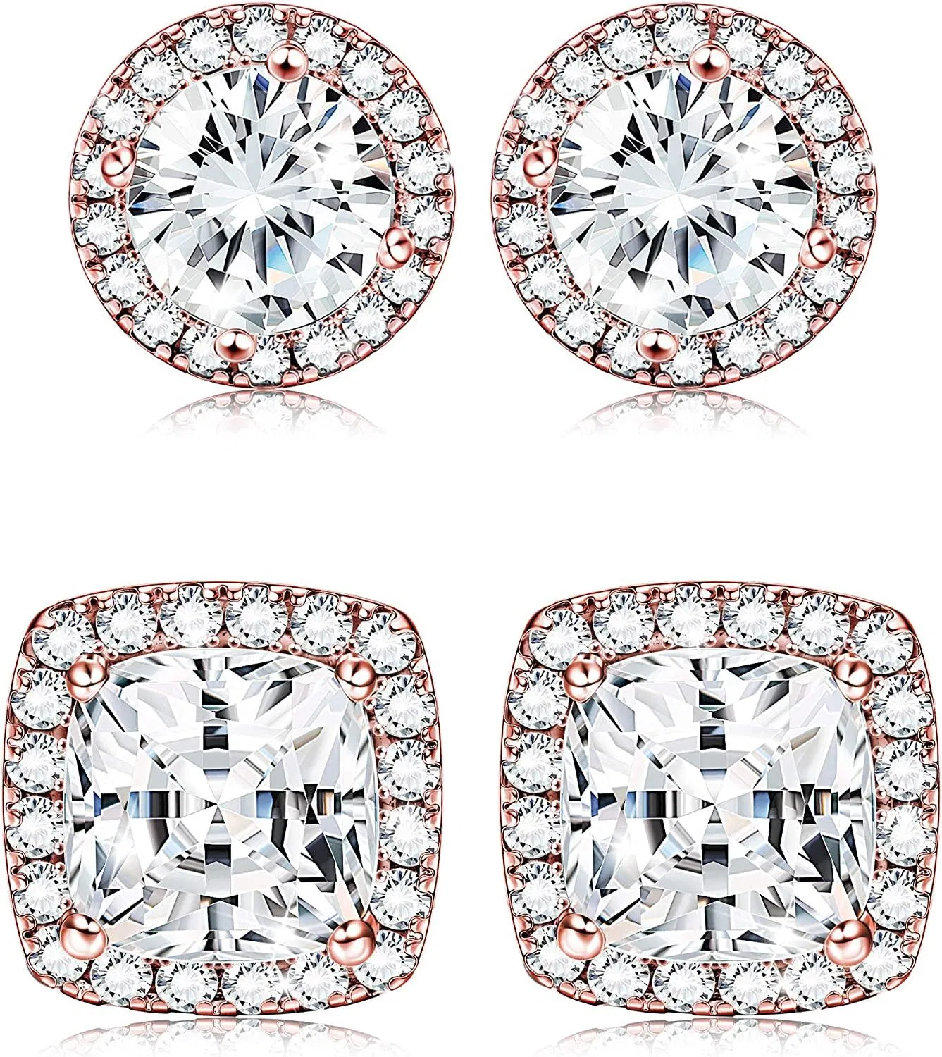 2 Pairs Halo Stud Earrings Round Square Brillant Cut Earrings with Gift Box - Grocery