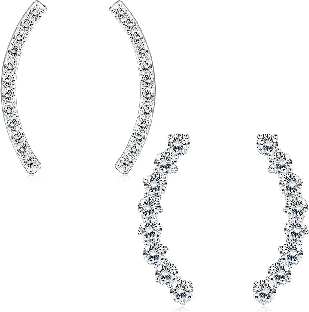 2 Pairs 925 Sterling Sliver Crawler Stud Earrings For Women White Gold Plated Danity Cuff Earrings Set Round Cubic Zirconia Stud Earrings Sparkly - Grocery