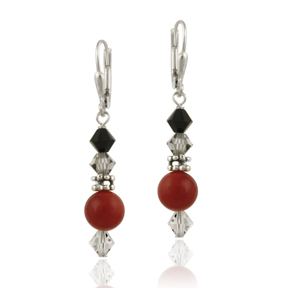 Sterling Silver Coral & Swarovski Elements Dangle Leverback Earrings - Grocery