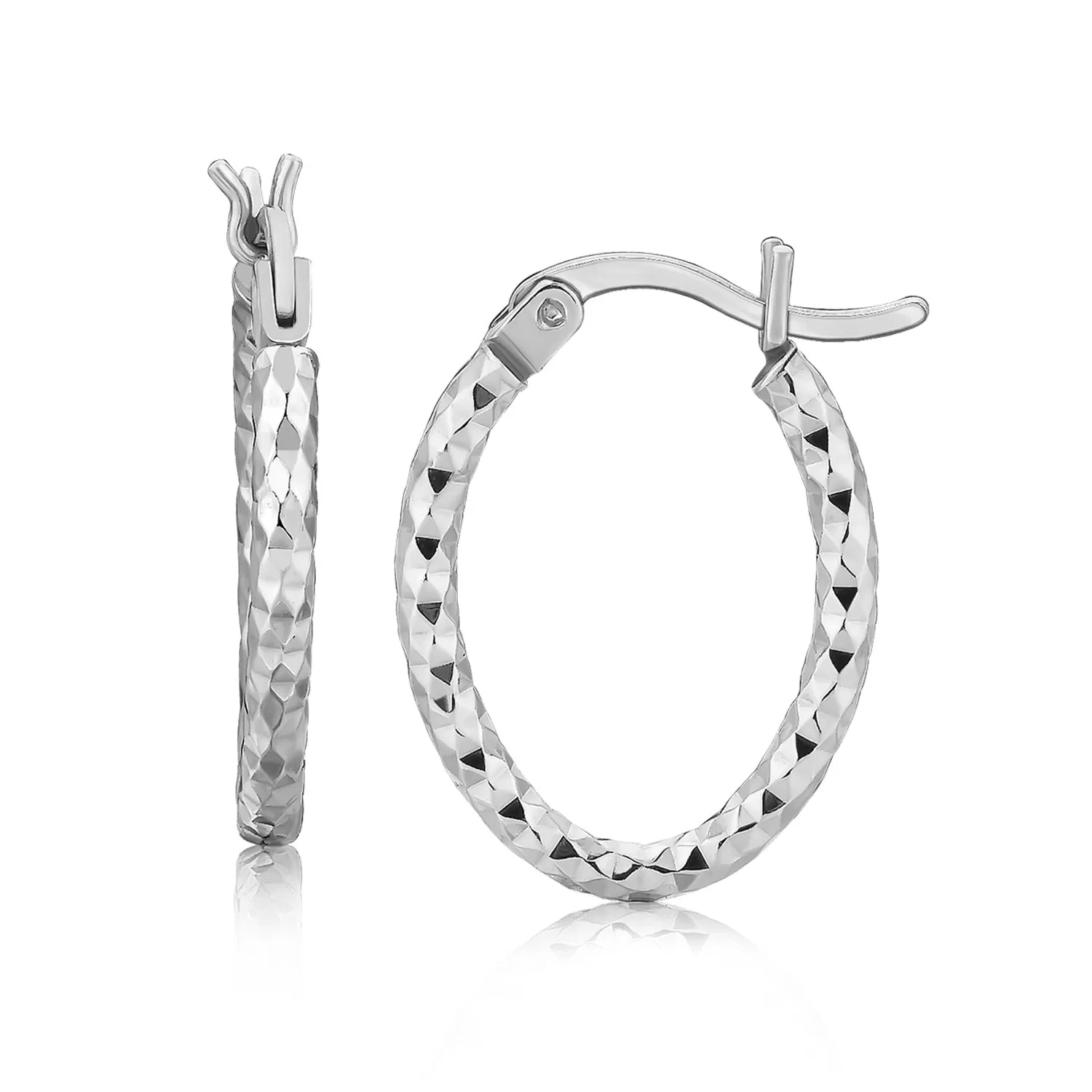 Sterling Silver Rhodium Plated Small Oval Hoop Diamond Cut Textured Earrings(2x10mm) - Grocery