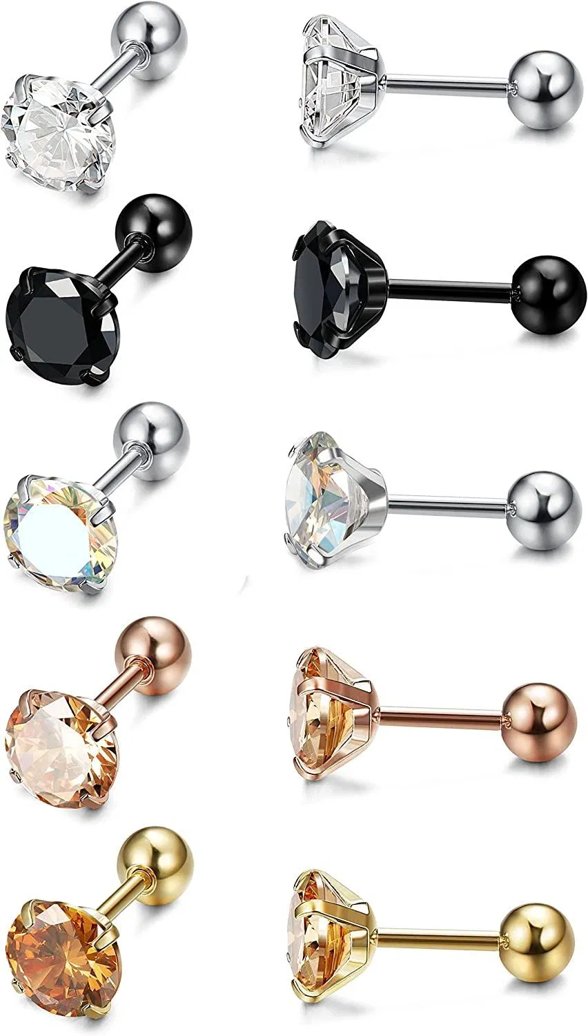 5 Pairs 18G Stainless Ear Stud Piercing Tragus Barbell Studs Earrings CZ Inlaid 4-8MM - Grocery
