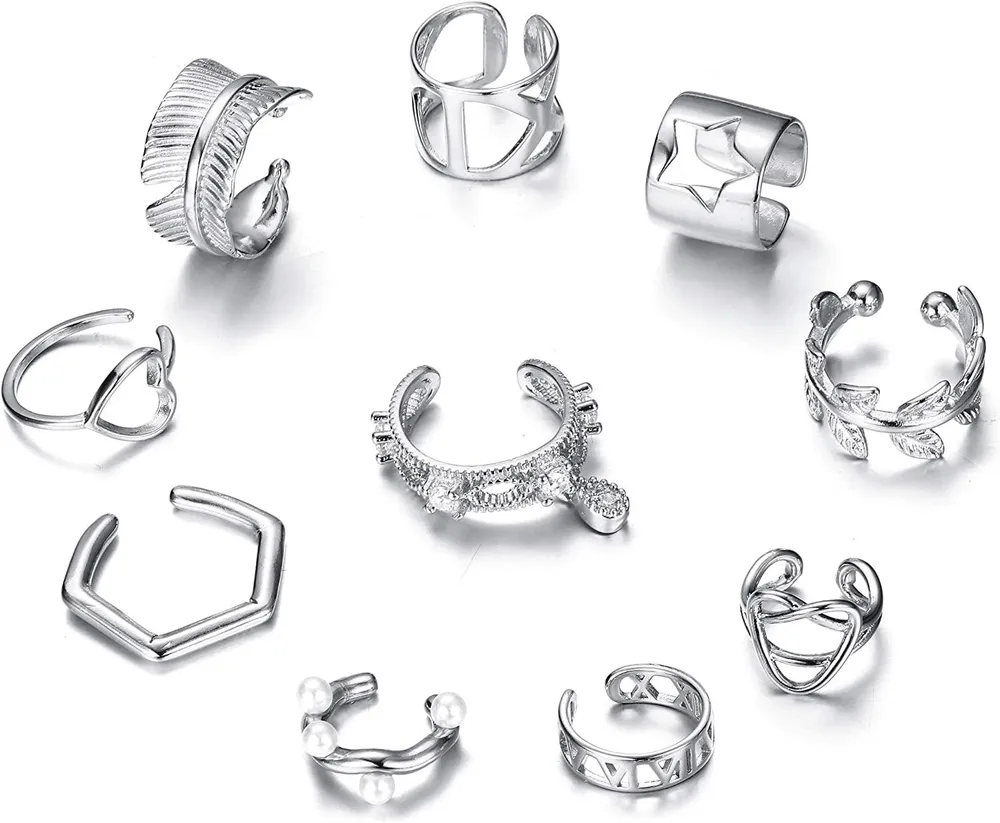 10PCS Ear Cuff Set for Women Non Pierced Ears Clip On Wrap Earrings Huggie Stud Adjustable Fake Helix Cartilage Cuff Earring; Silver Gold Tone - Grocery