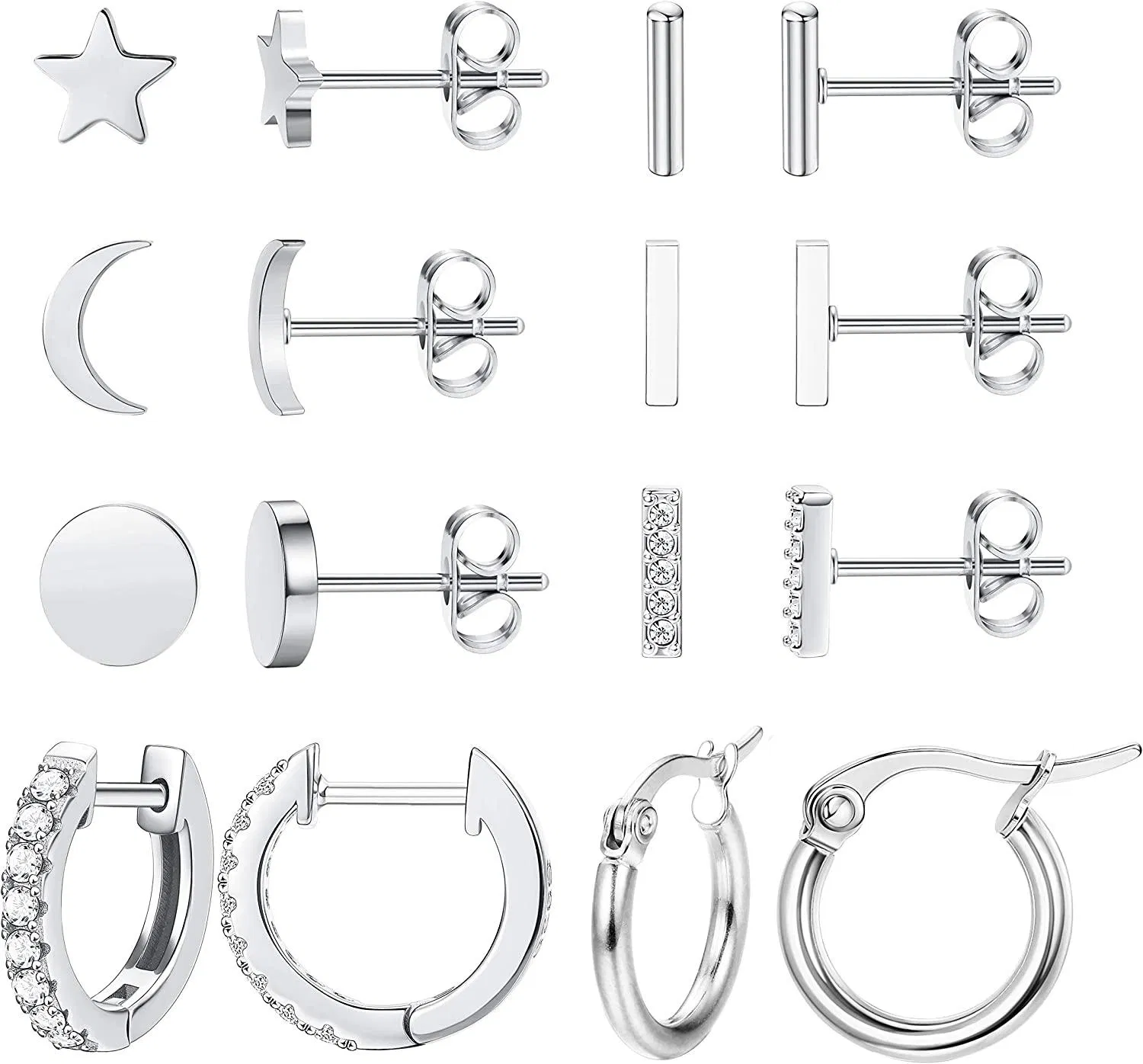 8 Pairs Stainless Star Moon Stud Earrings for Women Cute Bar CZ Stud Hoop Earring Set - Grocery