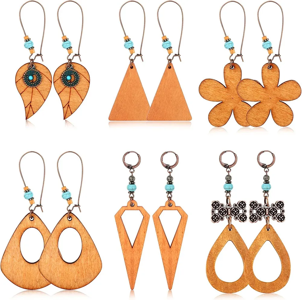6Pairs Wooden Clip on Earrings Natural Wood Dangle Earrings Lightweight Non Piercing Earrings for Women - Grocery