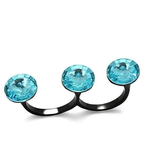 TK2103 - IP Black(Ion Plating) Stainless Steel Ring with Top Grade Crystal in Sea Blue - Grocery