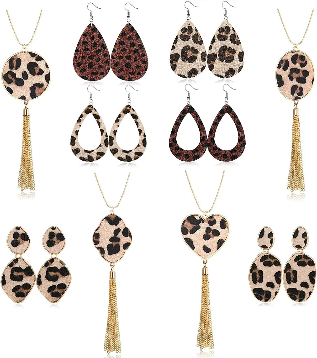Statement Leopard Jewelry Set for Women Leopard Leather Teardrop Drop Dangle Earrings Long Tassel Pendant Necklace Fashion Jewelry Gift - Grocery