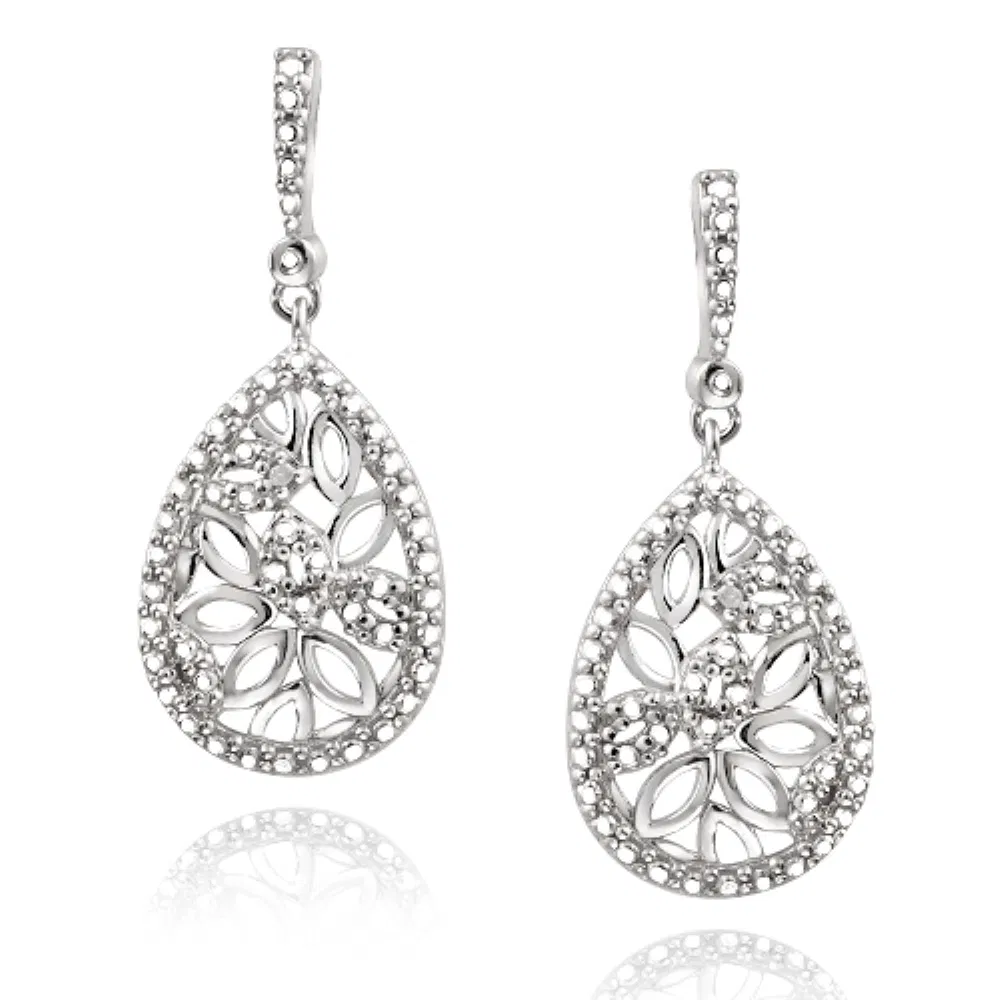 Sterling Silver Diamond Accent Filigree Teardrop Dangle Earrings - Grocery