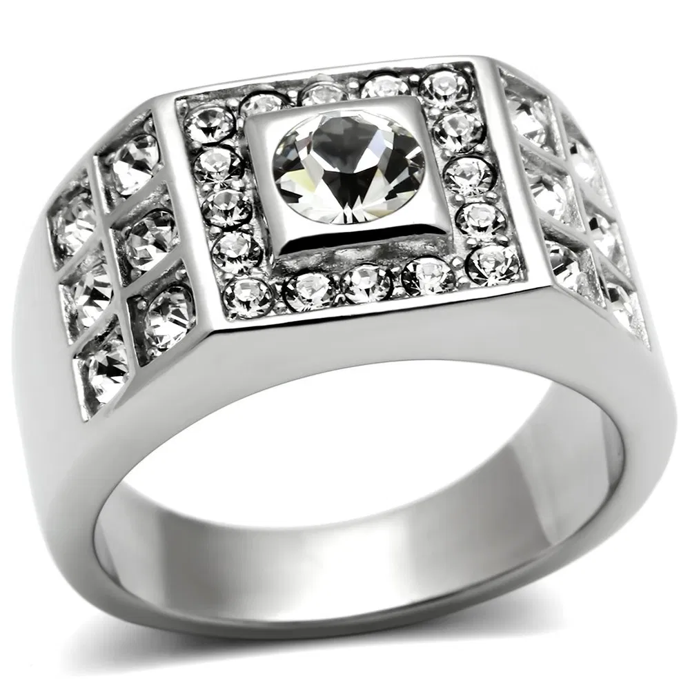 TK350 - High polished (no plating) Stainless Steel Ring with Top Grade Crystal in Clear - Grocery