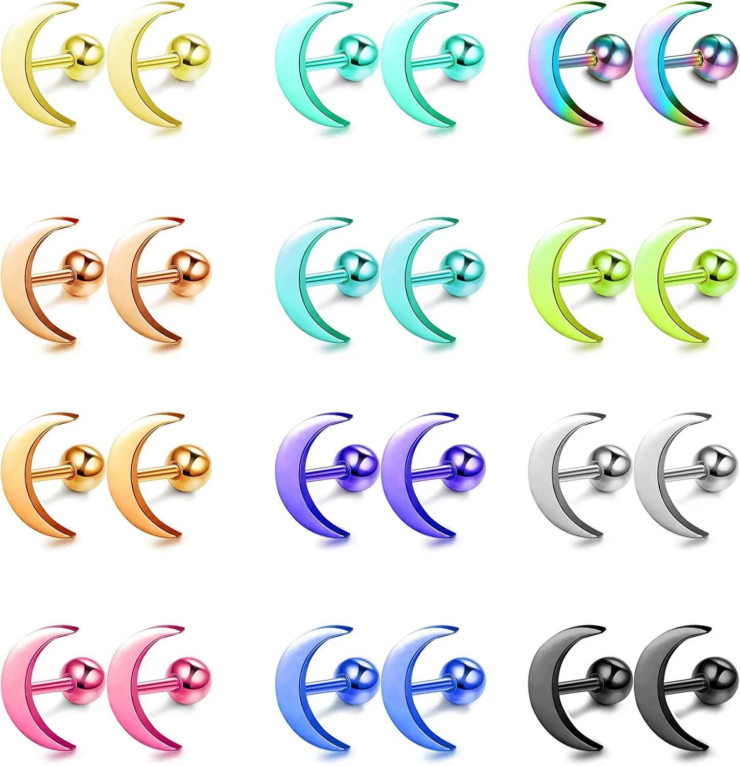 12 Pairs Stainless Stud Earrings for Women Colorful Heart Moon Star Shape Earrings Ball Screwback Earrings Cartilage Helix Tragus Ear Piercing - Grocery