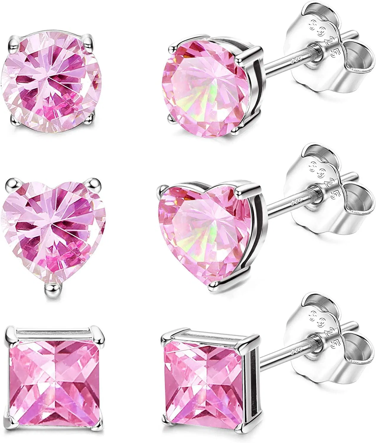 3Pairs Sterling Stud Earrings For Women Pink Cubic Zirconia Stud Earrings Cute Heart Shaped Round Cut Princess Cut CZ Studs - Grocery