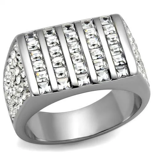 TK2219 - High polished (no plating) Stainless Steel Ring with Top Grade Crystal in Clear - Grocery
