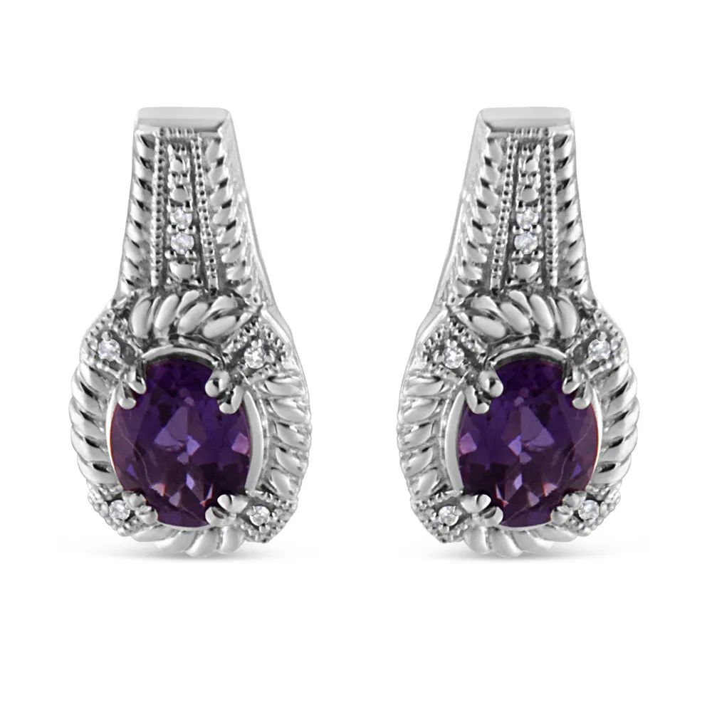 .925 Sterling Silver 8x6 MM Natural Oval Purple Amethyst Gemstone and Diamond Accent Art Deco Style Drop and Dangle Earrings (I-J Color, I1-I2 Clarity) - Grocery