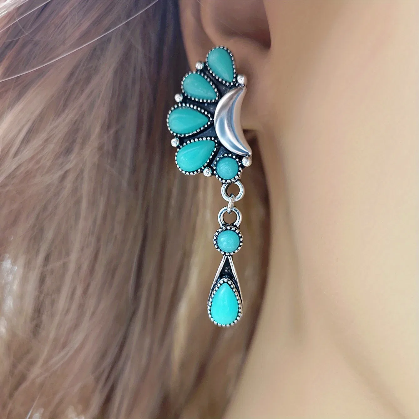 Half Moon & Water Drop Shape Turquoise Jade Earrings Retro Exaggerated Jewelry - Grocery