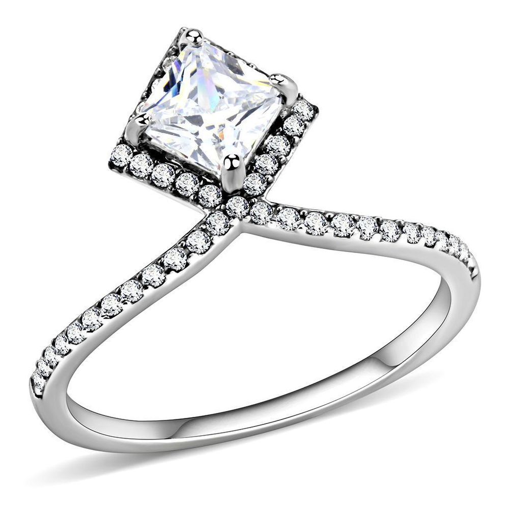 DA136 - High polished (no plating) Stainless Steel Ring with AAA Grade CZ in Clear - Grocery