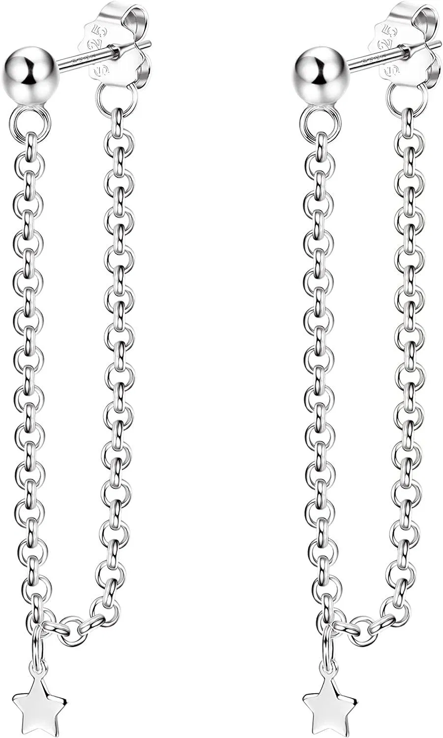 925 Sterling Chain Stud Earrings for Women Minimalist Bar Stud Earrings 3mm Ball Stud Earrings with Chain Dangle - Grocery