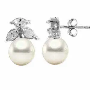 Sterling Silver Simulated Pearl with Simulated Diamond CZ Earrings - Grocery