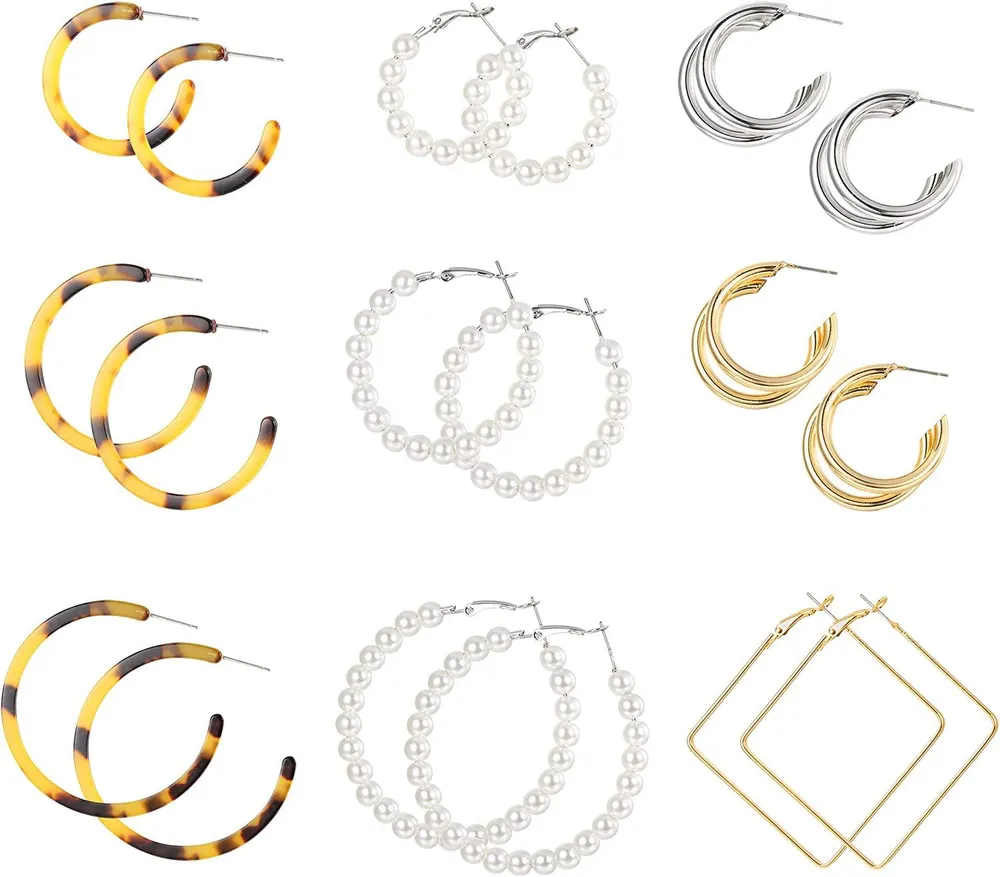9Pairs Geometric Hoop Earrings Set for Women Big Faux Pearl Acrylic Earring Lightweight Chunky Open Hoops Dangle Earring Women Gifts - Grocery