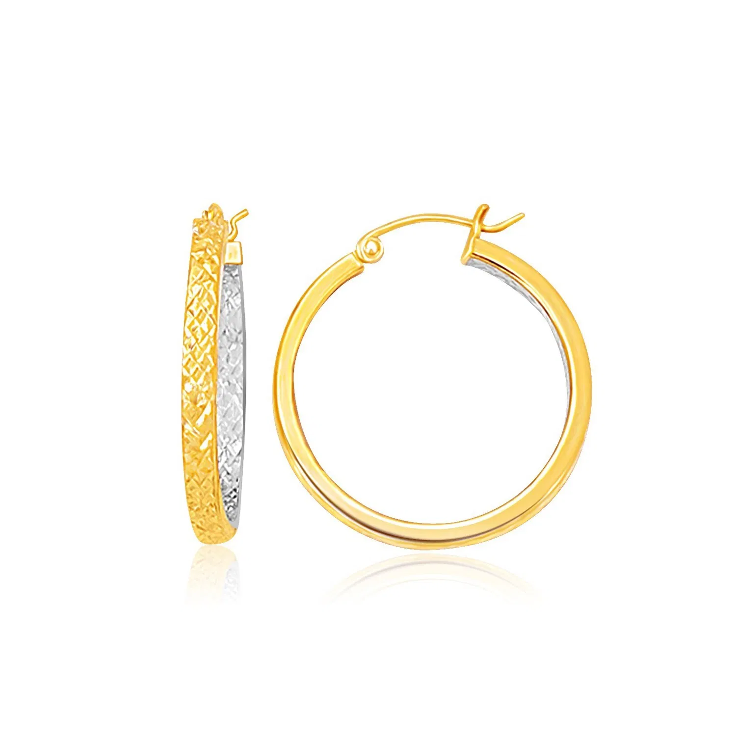 Two-Tone Yellow and White Gold Petite Patterned Hoop Earrings(3x25mm) - Grocery