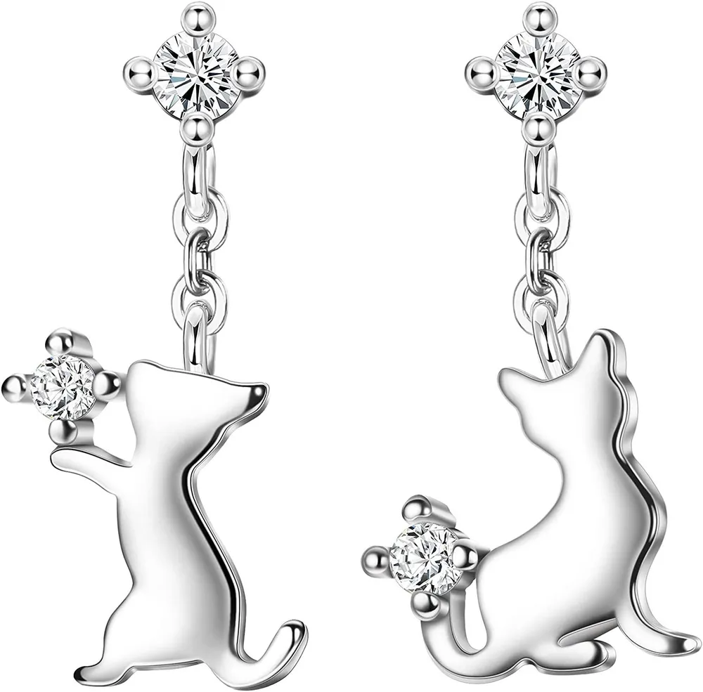 Cute Cat Earrings Sterling Dangle Earrings For Teen Egirl Women With Shiny Cubic Zirconia Cat Dangle Earrings Birthday Festival Gift For Daughter - Grocery