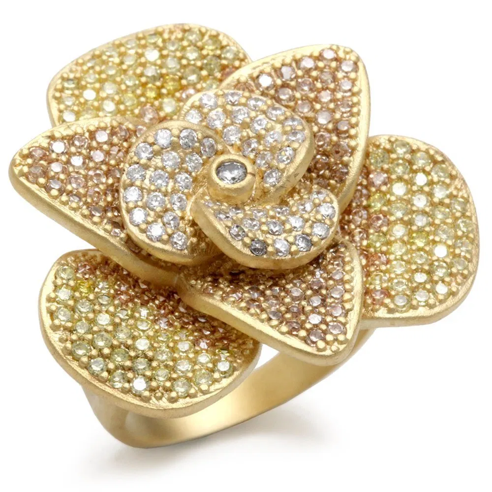 1W091 - Matte Gold Brass Ring with AAA Grade CZ in Multi Color - Grocery