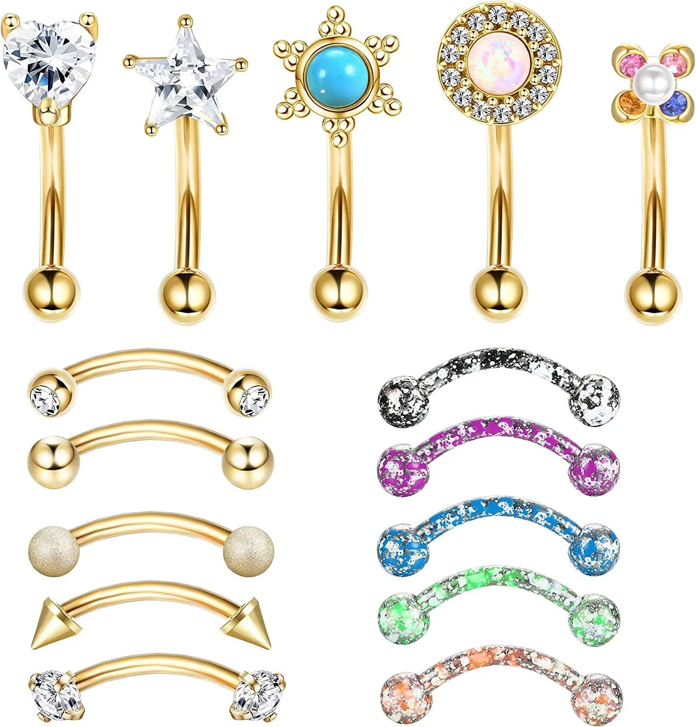 15Pcs 16G Eyebrow Rings for Women Rook Daith Piercing Stainless Belly Lip Ring Cartilage Tragus CZ Body Piercing Curved Barbell Eyebrow Rings - Grocery