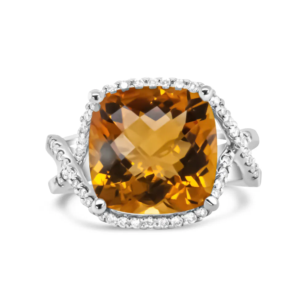 14K White Gold 12mm Cushion Cut Yellow Citrine Gemstone and 1/3 Cttw Round Pave-Set Diamond Ring - (H-I Color, VS1-VS2 Clarity)- Size 6.5 - Grocery