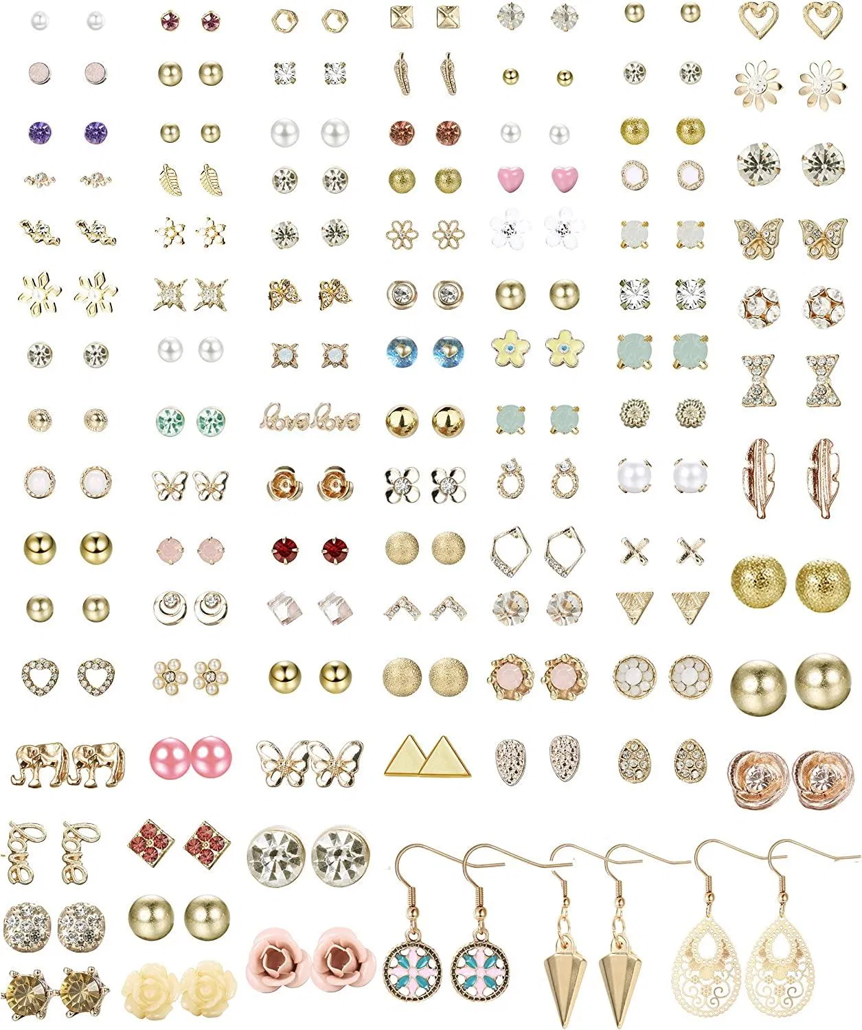 99Pairs Assorted Stud Earrings Set for Women Men Bar Star Moon Geometric Arrow Flower Bow CZ Ball Faux Pearl Drop Statement Small Stud Earrings Set - Grocery