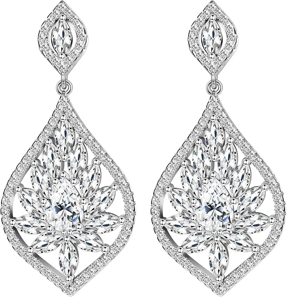 Cubic Zirconia Teardrop Bridal Earrings for Women Bridesmaid Rhinestone Art Deco Dangle Earrings Wedding Prom Anniversary - Grocery