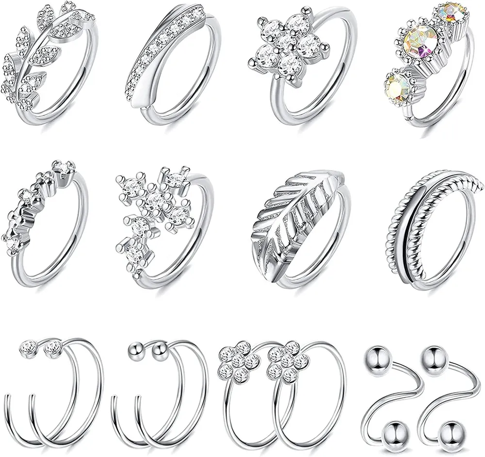 16PCS Stainless Nose Ring Hoop Paved CZ Leaf Feather Flower Cross Crawler Tragus Cartilage Earring for Women Men Nose Ear Piercing Hoop 16G/20G - Grocery