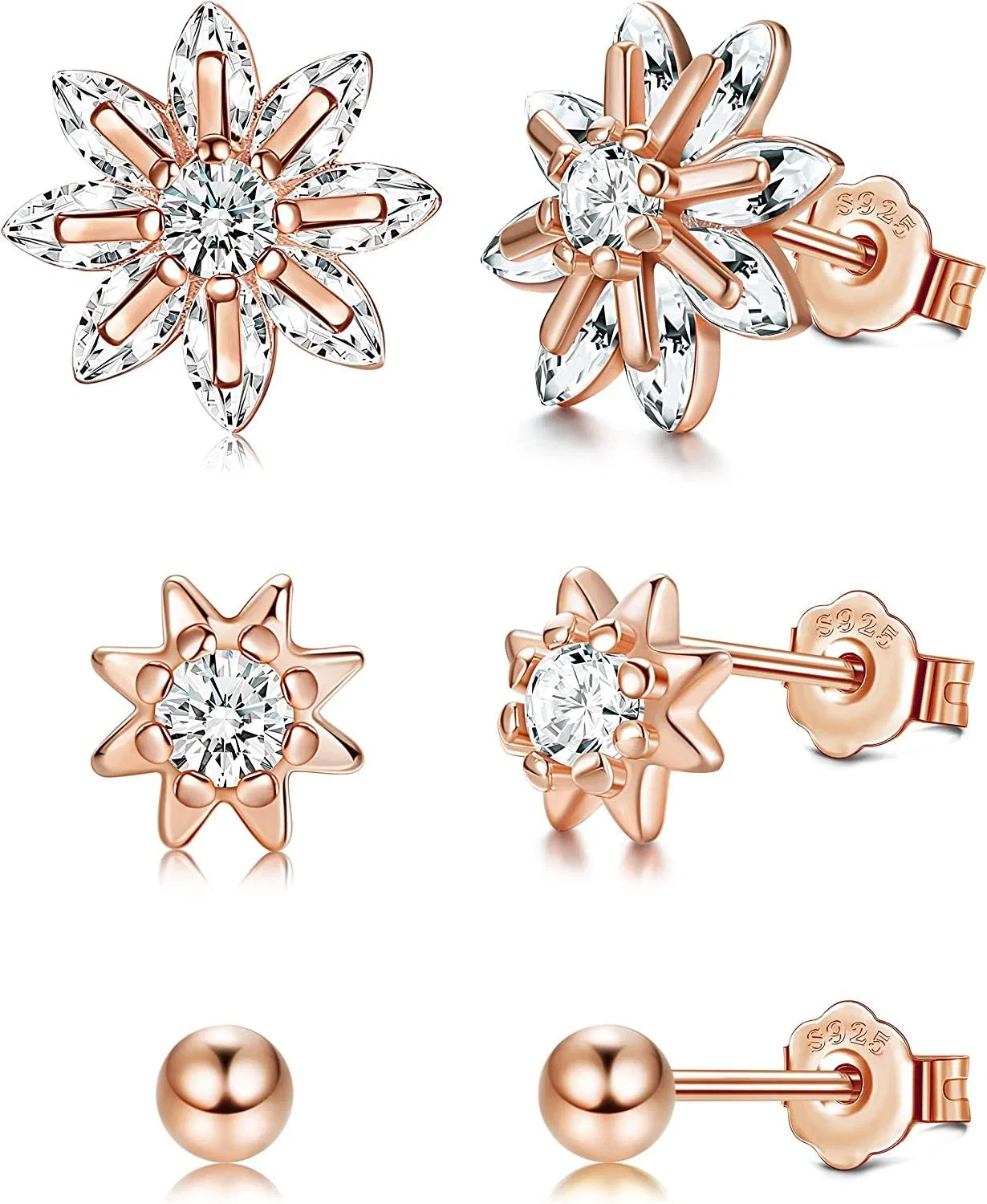 3 Pairs Sterling Stud Earrings - 18K Gold Plated Flower Ball Small Stud Earrings Set Cubic Zirconia Stud Earrings for Women - Grocery