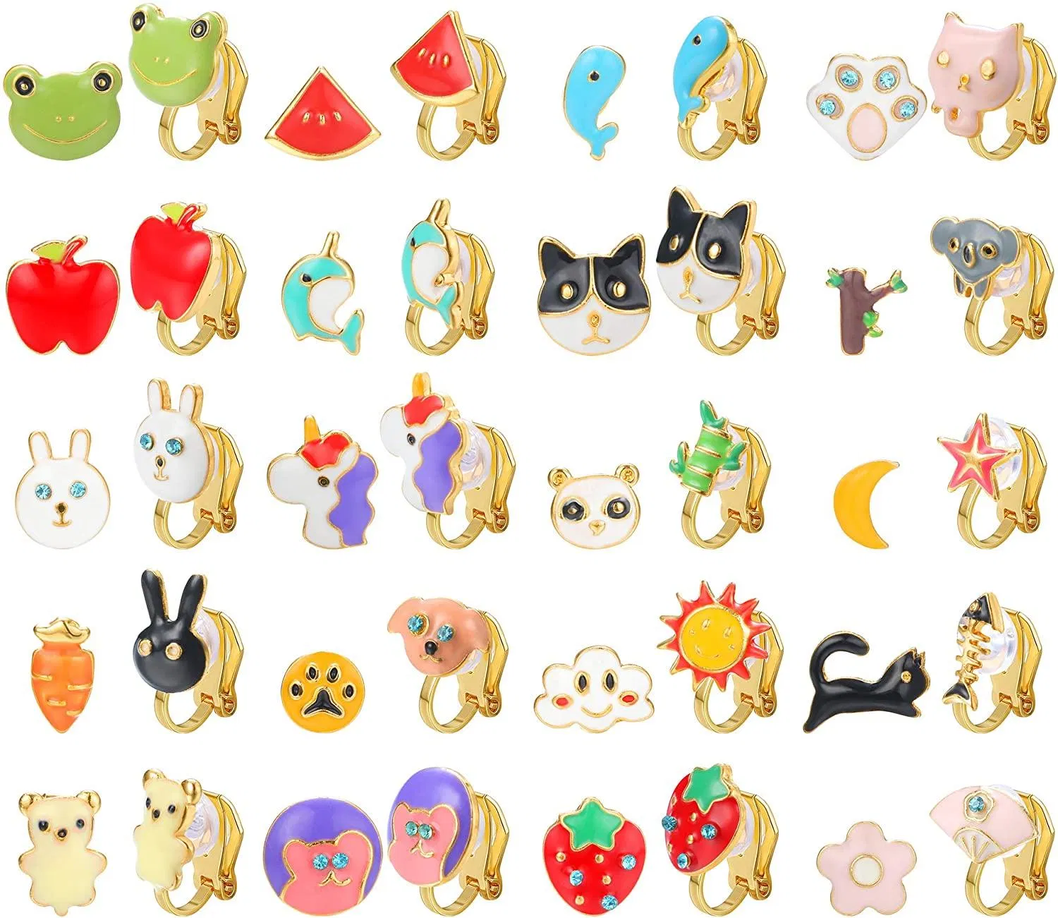20Pairs Painless Clip On Earrings for Teen Girl Women Lollipop Ice Cream Multiple Animals Cute Pattern Christmas Gift - Grocery