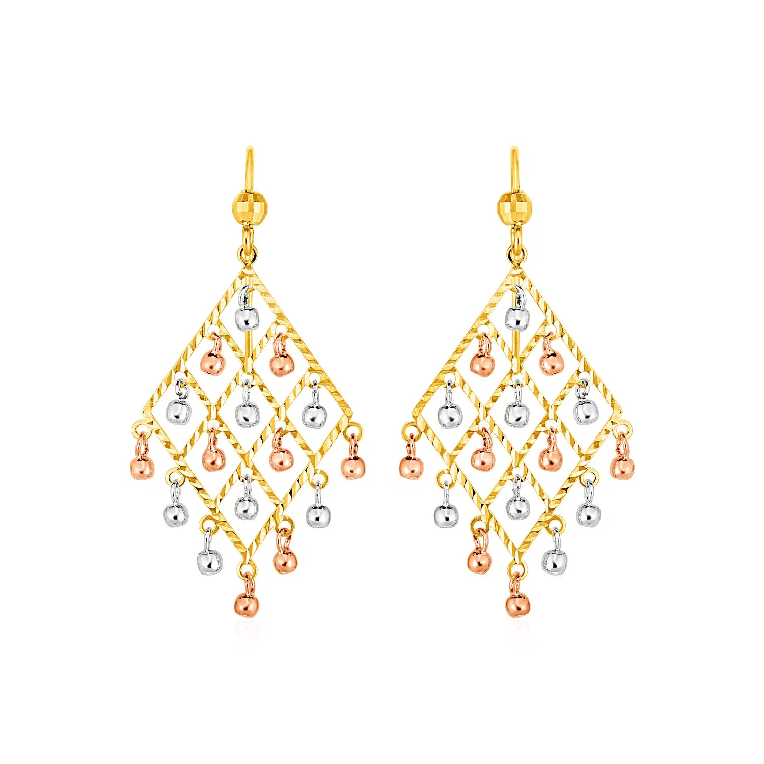 Textured Chandelier Earrings with Ball Drops in 14k Tri Color Gold - Grocery