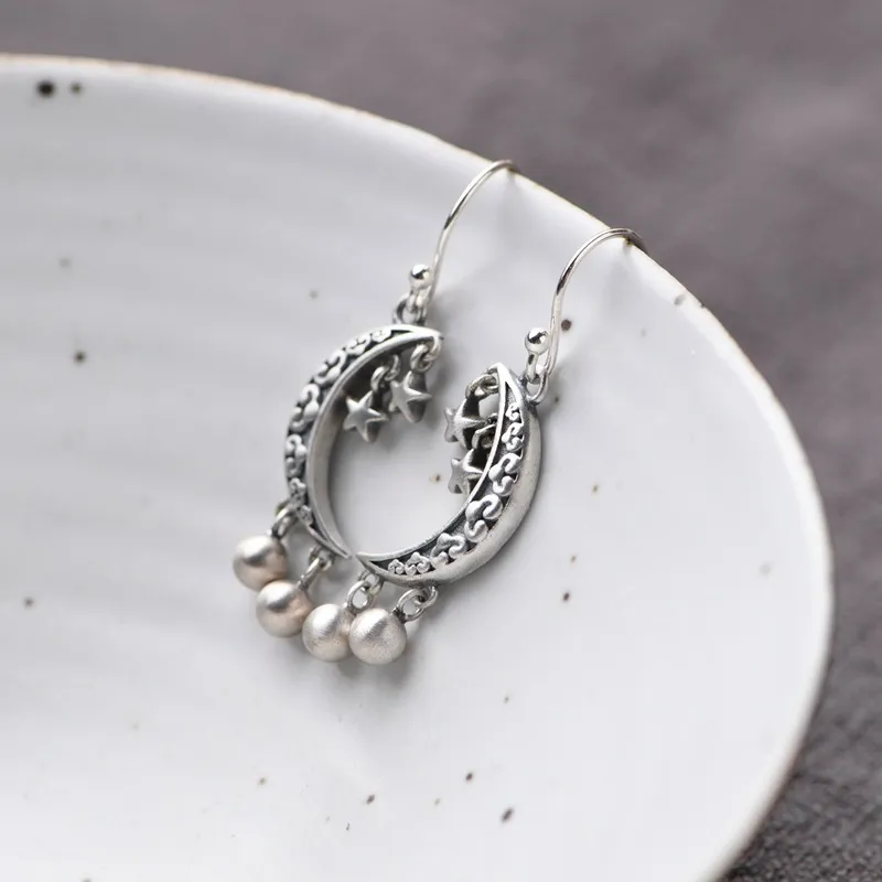 S925 Silver Retro Fashion Artistic Temperament Silver Bead Fringe Earrings Star Crescent Pendant - Grocery