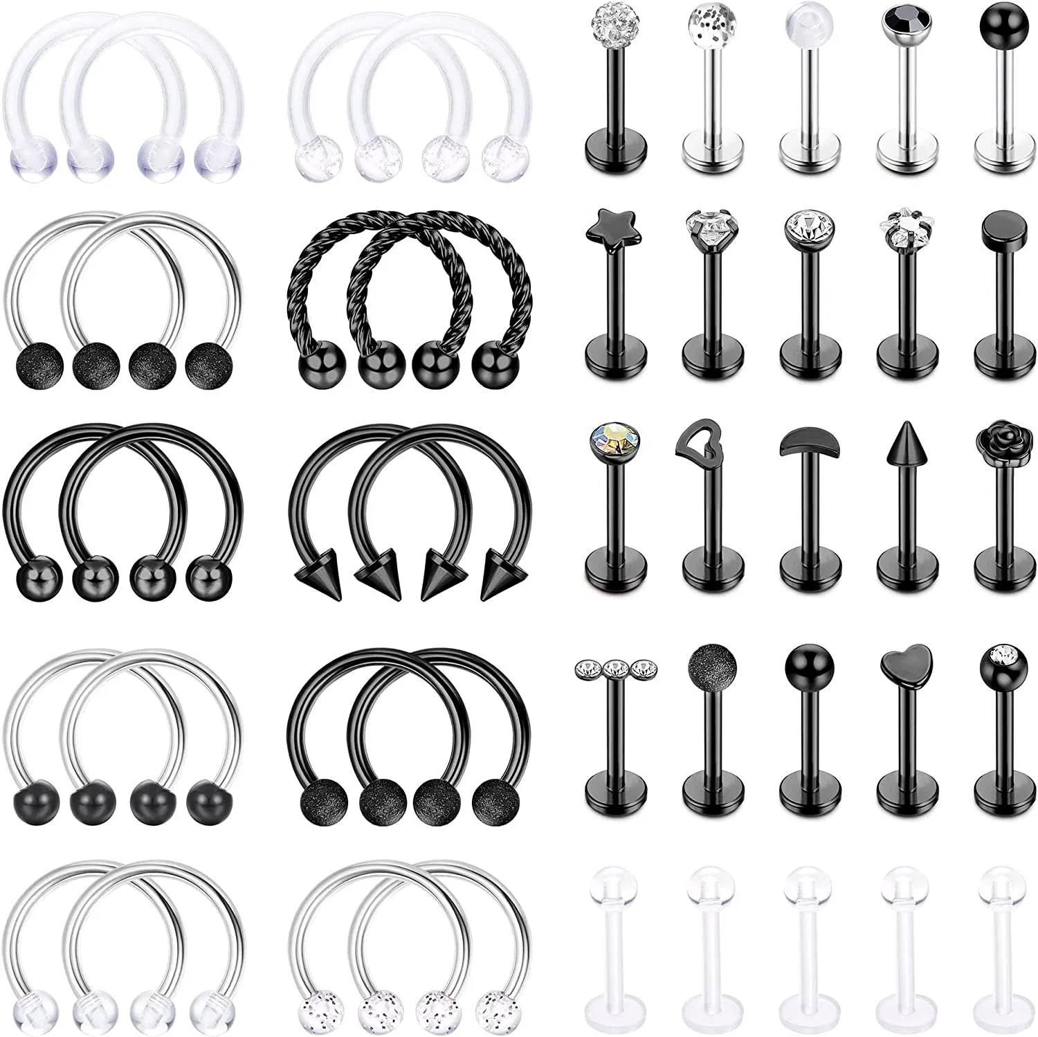 45Pcs 16G Lip Rings Stainless Horseshoe Nose Septum Rings Piercing Helix Tragus Cartilage Earring Hoop Eyebrow Lip Hoop Retainer for Women Men 8mm - Grocery