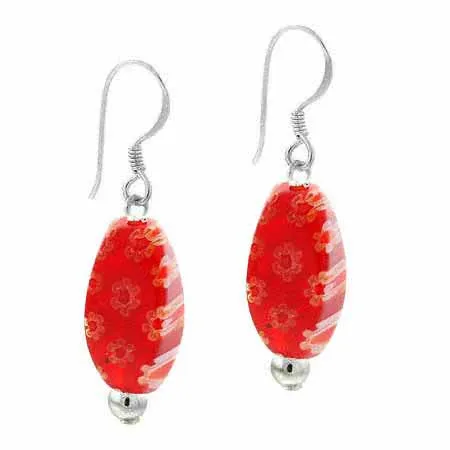 Sterling Silver Red Millefiori Murano Glass Oval Bead Earrings - Grocery